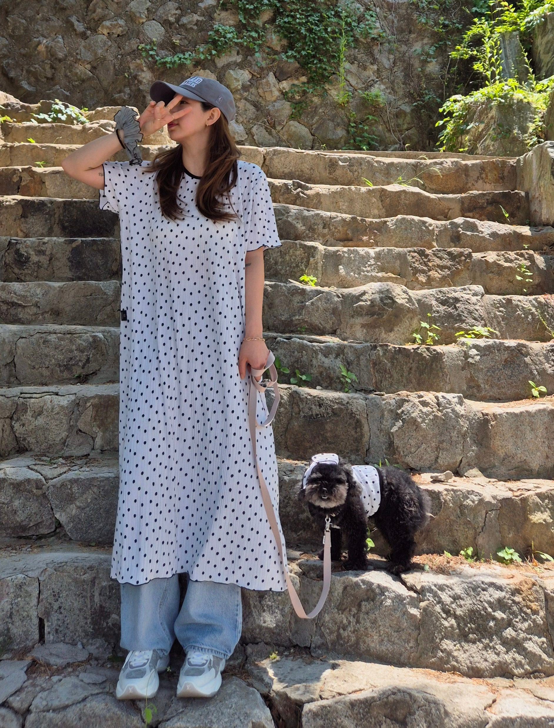 【予約】ドットワンピース　オソロ　わんことペアルック〈nounnou〉韓国 韓国犬服 ドッグウェア