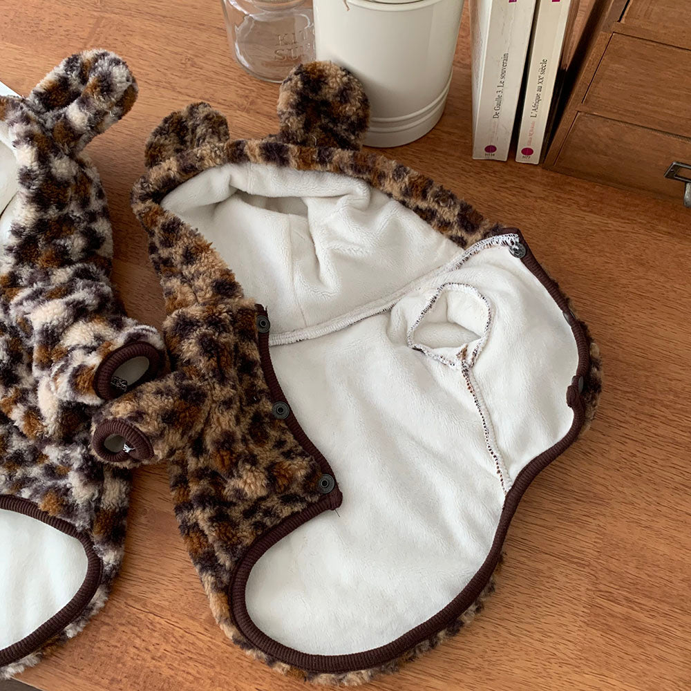 【予約】クマ耳ヒョウ柄モコモコアウター〈Frei〉韓国 韓国犬服 ドッグウェア