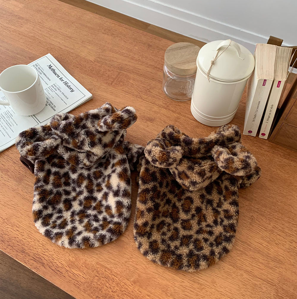 【予約】クマ耳ヒョウ柄モコモコアウター〈Frei〉韓国 韓国犬服 ドッグウェア