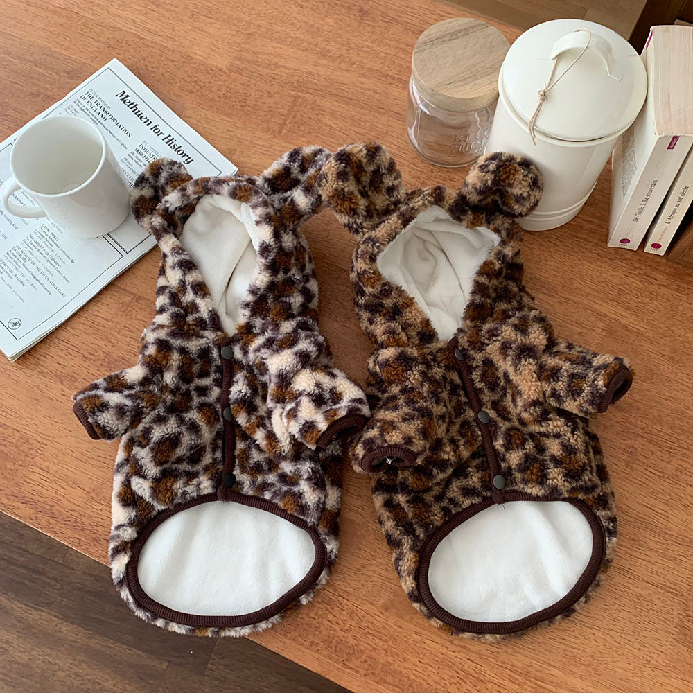 【予約】クマ耳ヒョウ柄モコモコアウター〈Frei〉韓国 韓国犬服 ドッグウェア