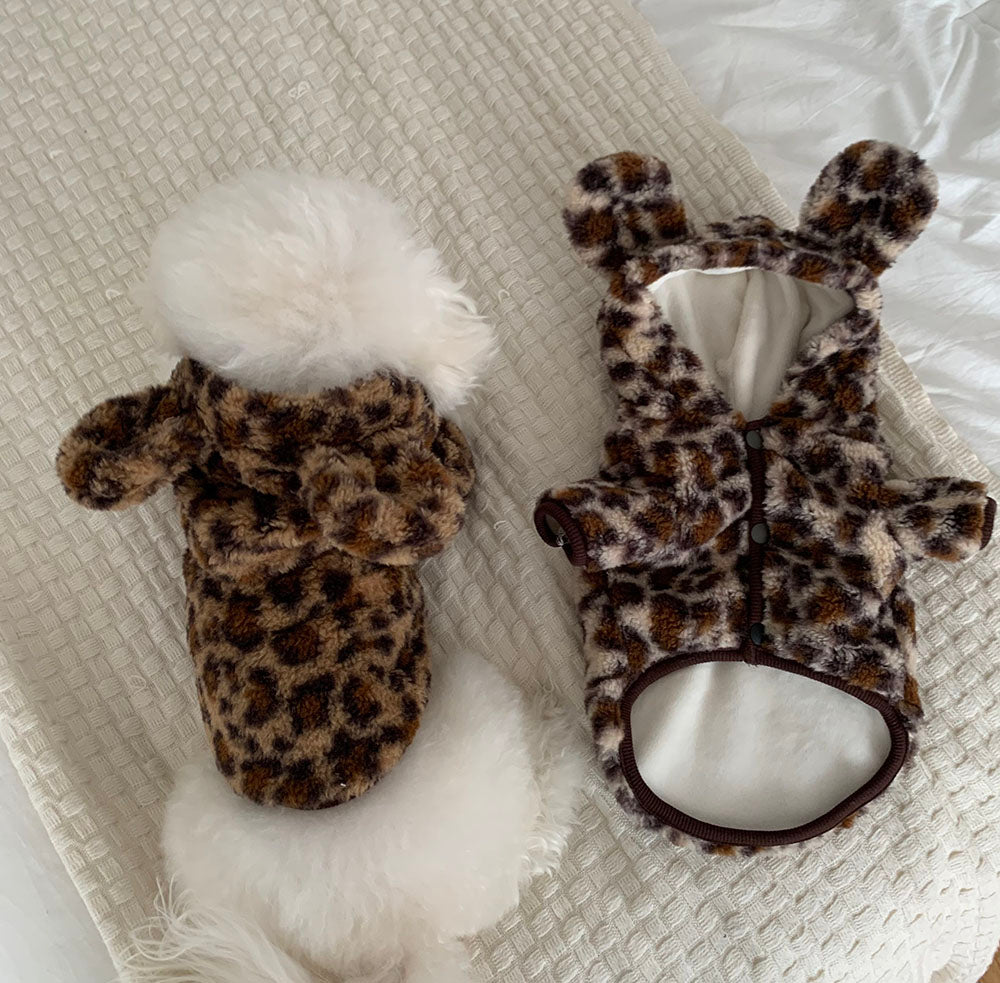 【予約】クマ耳ヒョウ柄モコモコアウター〈Frei〉韓国 韓国犬服 ドッグウェア